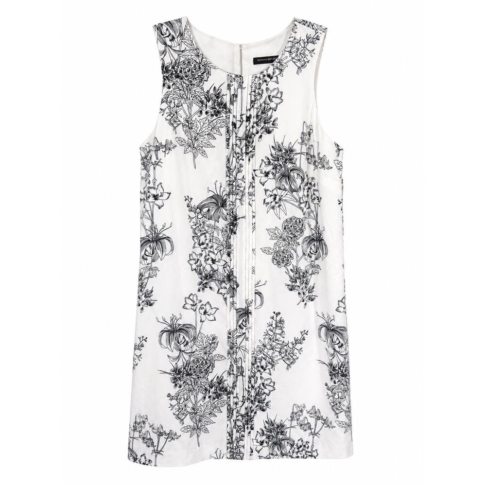 Banana Republic Womens 6 Floral Shift Dress Black White Sleeveless Zip Lined Mod